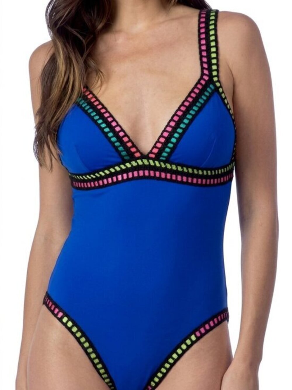 NWT La Blanca Threading Along Plunging Back One Piece Swimsuit Blue Pink Sz 10